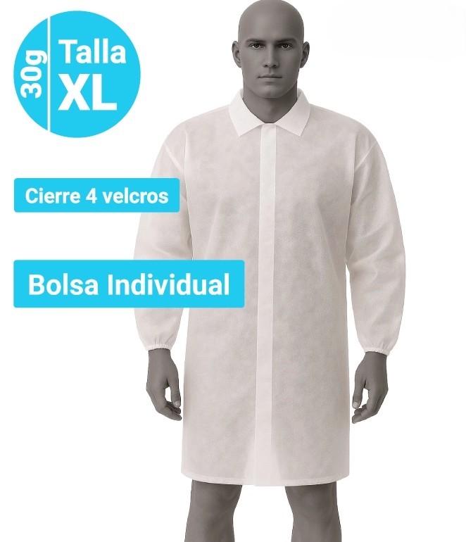 bata-polipropileno30-velcro-XL-azul-luhepa -5230B Bata de Polipropileno 30g, Cierre Velcro 4 Velcros - Talla XL Blanco