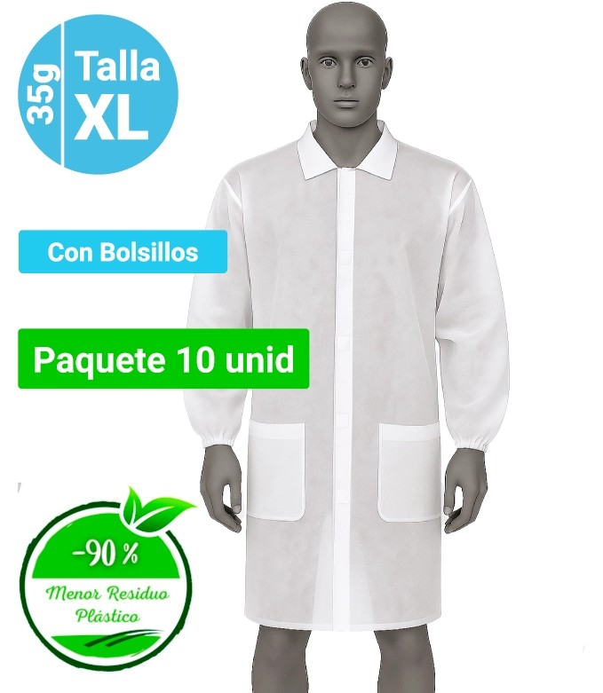 Bata de Polipropileno 35g Cierre Velcro Talla XL Con Bolsillos Blanco Luhepa